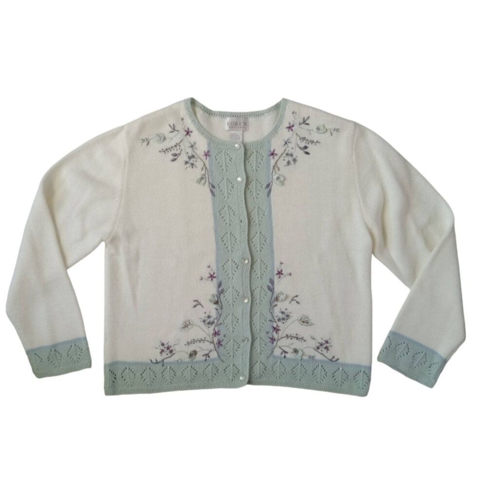 Koret Petites Vintage White Pastel Embroidered Floral Cardigan Women's Large